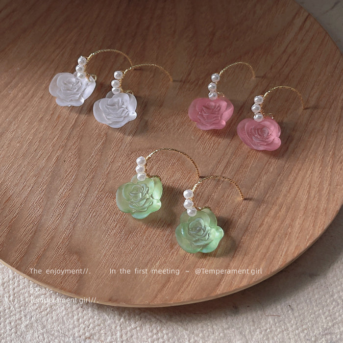 Matte Rose Flower Open Hook Earrings White Green Pink Pearls