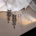 Black Crystal Tassel Huggie Earrings Silver Multi Strand view 2