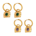 Oval Stone Lock Drop Hoop Earrings in Green and Purple view 5