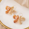 Orange Cream Petal Double Flower Long Hook Earrings view 2