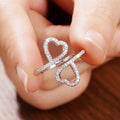 Silver Tone Crystal Double Heart Open Adjustable Ring view 3