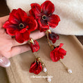 Red Fabric Flower and Pearl Tassel Drop Stud Earrings view 4