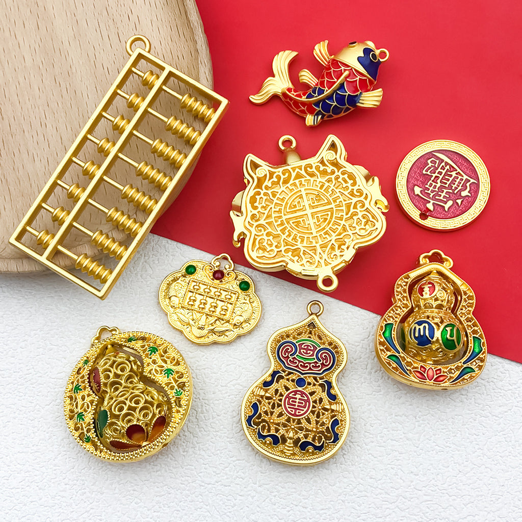 Old Gold Enamel Zinc Alloy Lion Dance Abacus Gourd Hollow Charm Pendant for DIY Bracelets