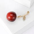 Red Cherry Brooch Gold Tone Stem Green Crystal Leaf view 4