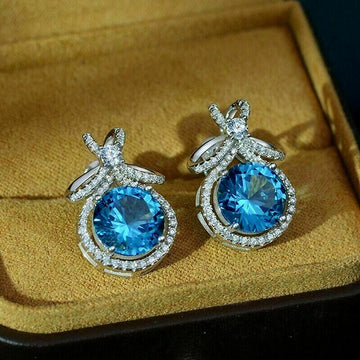 Silver Tone Blue Round Crystal Bow Stud Earrings Jewelry