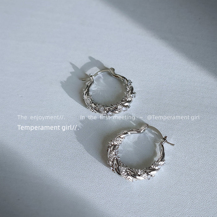 Silver Tone Clear Stone Leaf Pattern Round Hoop Earrings