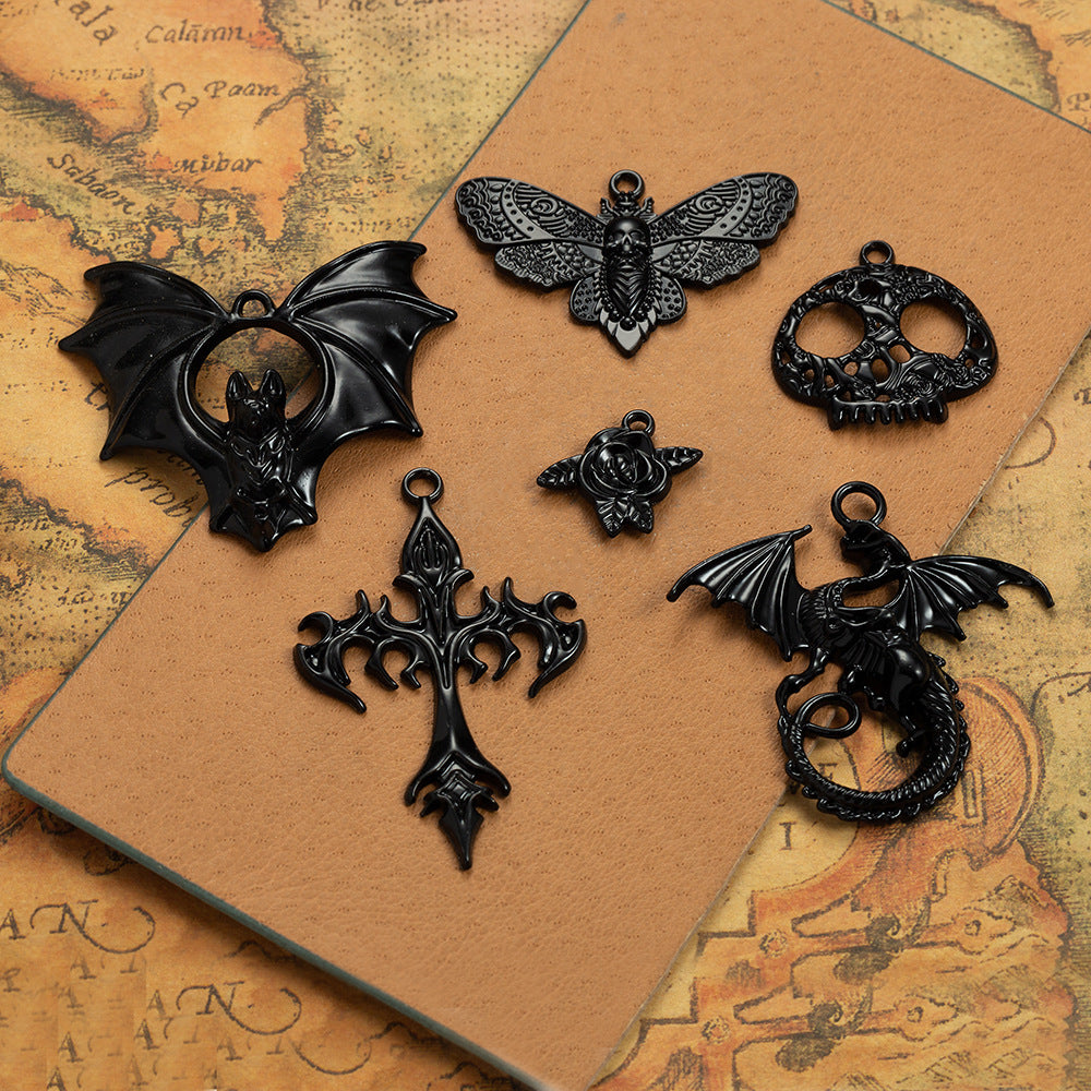 Gothic Black Alloy Bat Cross Charm Pendant for DIY Necklaces