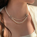 Double Layer White Pearl Necklace Silver Rhinestone Bows view 1