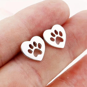 Heart Paw Print Stud Earrings in Gold and Silver Tone