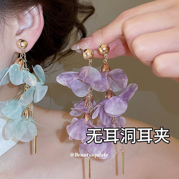 Sheer Flower Dangle Clip Earrings in Purple or Mint Green