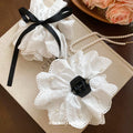 White Eyelet Fabric Flower Hair Claws Pearl Black Bow view 4