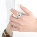 Pearl Halo Open Ring Black Enamel Gold Flower Motif view 6