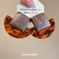 Brown Wood and Tortoiseshell Crescent Square Drop Earrings view 2