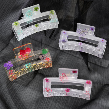 Transparent Resin Pressed Flower Rectangular Hair Claw Clip
