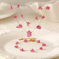 Pink Natural Stone Chip Necklace Bracelet Set Gold Chain Accents view 2