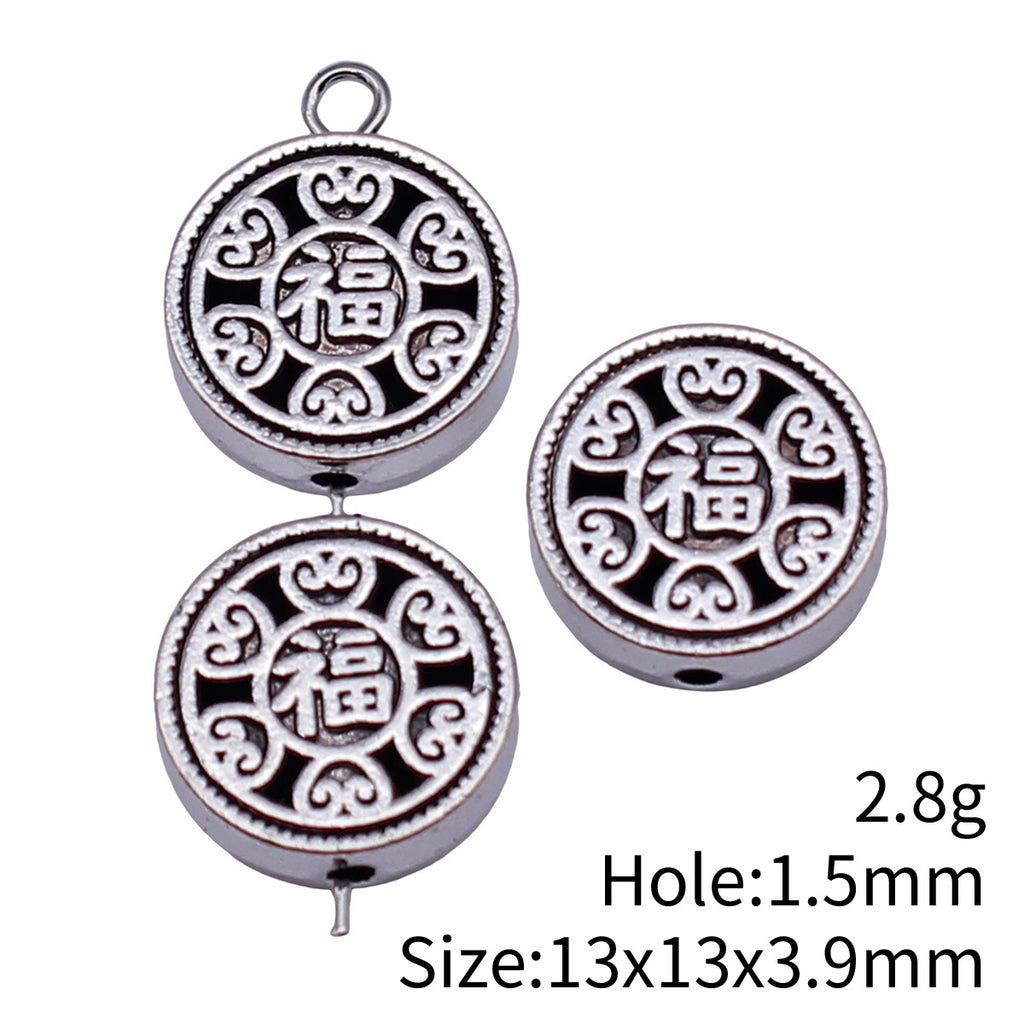 13x13x3.9mm 2.8g Multicolor Zinc Alloy Double-Sided Fu Character Round Flat Small Hole Beads for Jewelry