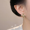 Gold Tone Olive Green Four-Petal Flower Zircon Stud Earrings view 2