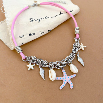 Pink Cord Sea Star Shell and Marine Charm Necklace