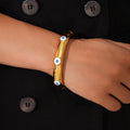 Gold Open Cuff Bangle Blue Evil Eye Enamel Accents view 2