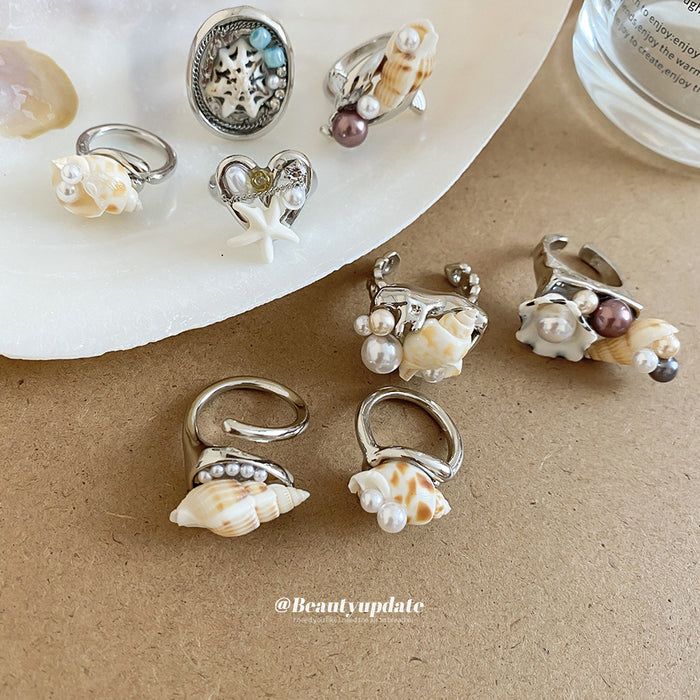 Ocean Shell Open Band Rings with Polished Metal Tone Details
