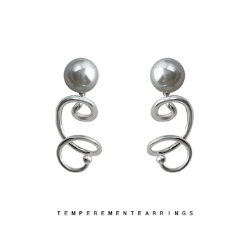 Gray Glass Pearl Stud Earrings Silver Spiral Wire Drops