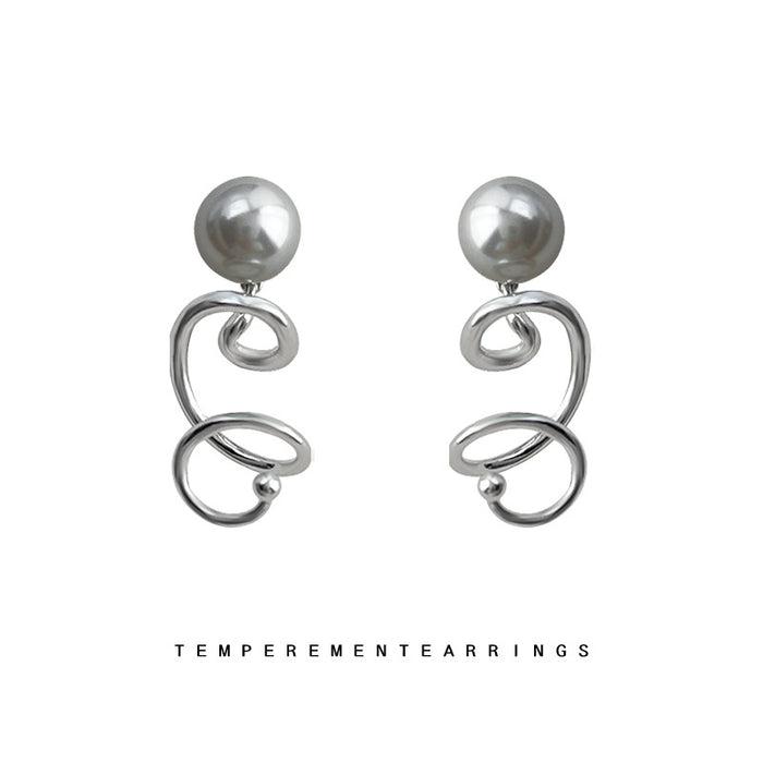 Gray Glass Pearl Stud Earrings Silver Spiral Wire Drops