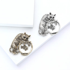 Textured Cat-and-Fishbowl Brooch, Antique Gold or Silver Tone