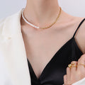 Gold Oval Bead Freshwater Pearl Half Half Choker Necklace view 3