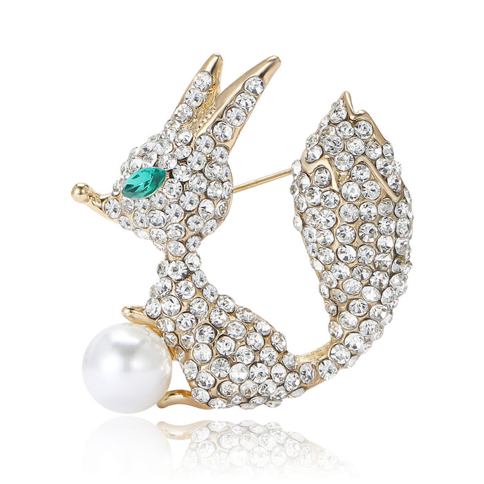 Rhinestone Fox Brooch Pearl Accent Green Eye Gold Silver