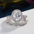 Silver Tone Oval Crystal Halo Two Piece Ring Set Statement Jewelry view 1