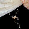 Rhinestone Butterfly Pearl Lariat Necklace Silver Gold view 7