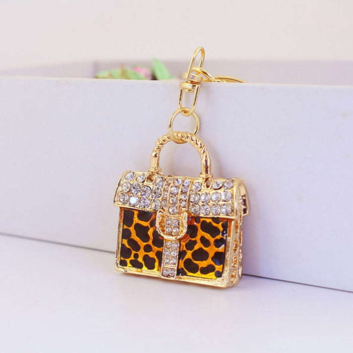 Leopard Print Rhinestone Car Keychain Handbag Charm for Women