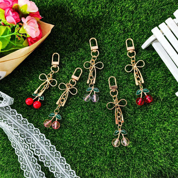 Gold Bow Cherry Bead Keychains Lobster Clasp Five Colors