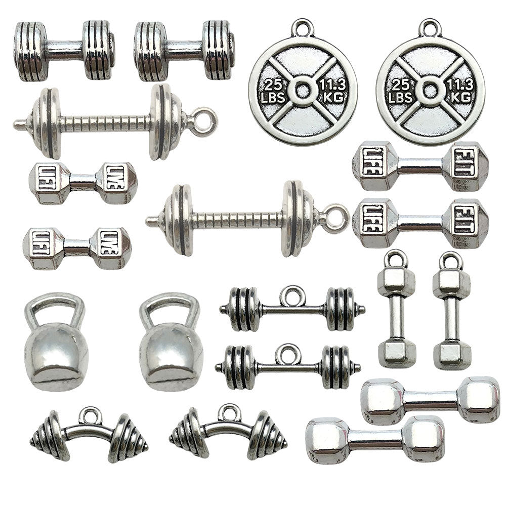 Antique Silver Zinc Alloy Dumbbell Barbell Sport Charm Pendants for DIY Fitness Jewelry