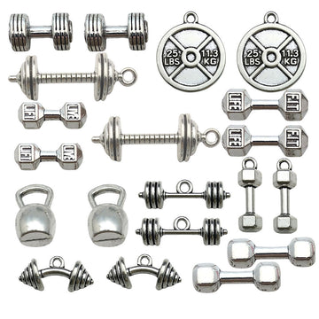 Antique Silver Dumbbell and Barbell Metal Charms with 38 Listed Options