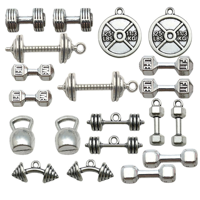 Antique Silver Dumbbell and Barbell Metal Charms with 38 Listed Options