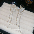 Silver Tone Floral Crystal Earrings With Long Chain Fringe view 4
