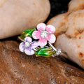 Silver Enamel Pink Purple Flower Ring CZ Green Leaves view 4