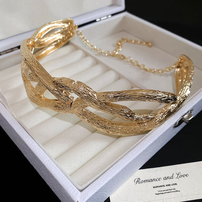 Layered Irregular Gold Tone Collar Necklace with Textured Bands