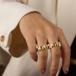 Gold Geometric Open Ring Multicolor Baguette Zircon Band