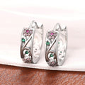 White Metal Pink Flower Green Accent Ring Hoop Earring Set Alloy view 2