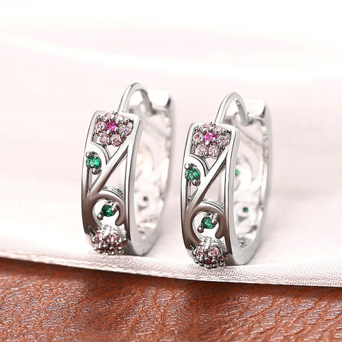 Matching pink flower green leaf huggie hoop earrings pair