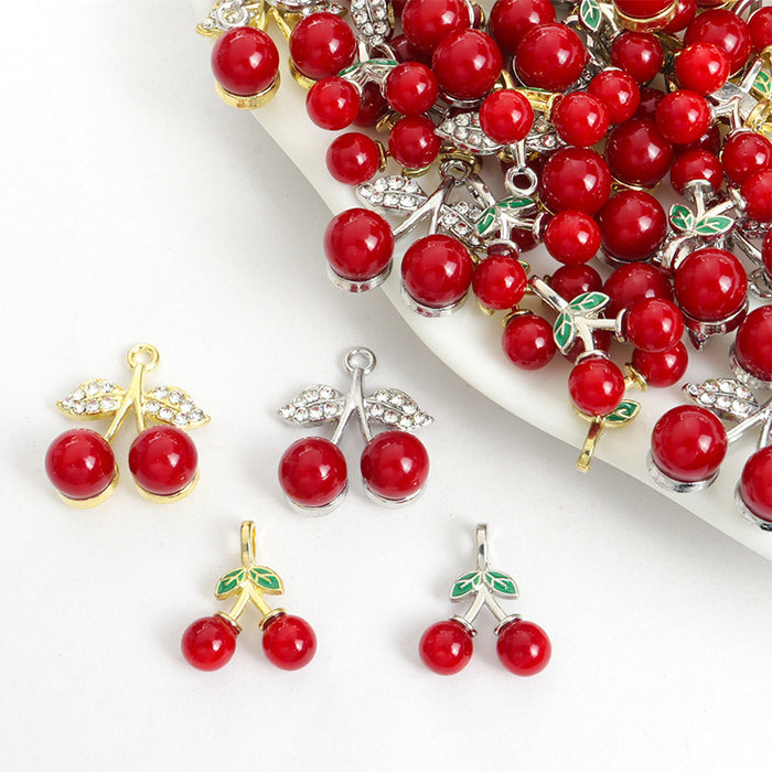 Tiny Red Cherry Enamel Metal Jewelry Charms, 4 Designs