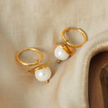 Gold Hoop Earrings White Pearl Curved Metal Disc Drop view 2