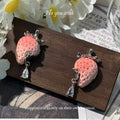 Pink Strawberry and Clear Crystal Drop Stud Earrings view 1