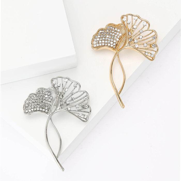 Gold Silver Rhinestone Ginkgo Leaf Brooch Dual Leaf Pin