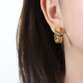 Gold Steel Lattice Mesh Hoop Earrings Clear Green Stones view 7