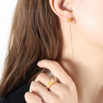 Gold Steel Heart Stud Earrings With Long Chain Tassel