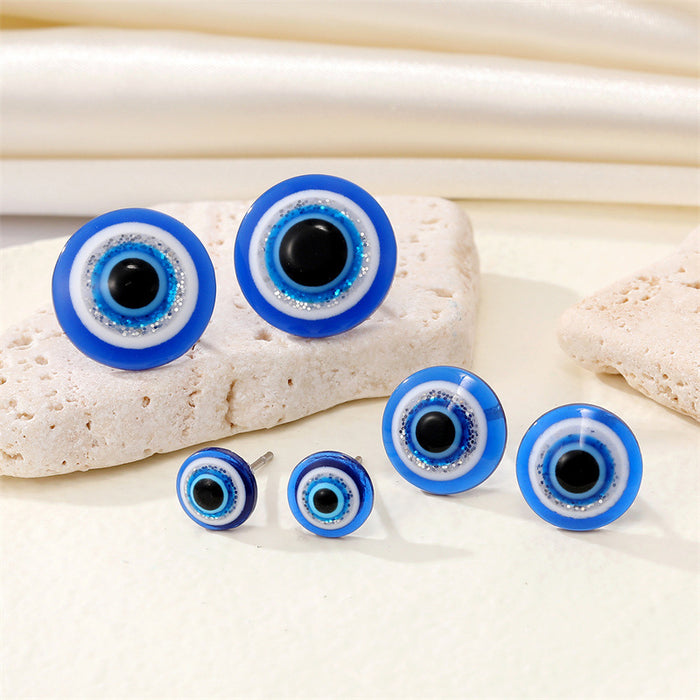 Round Blue Evil Eye Resin Stud Earrings in Three Sizes