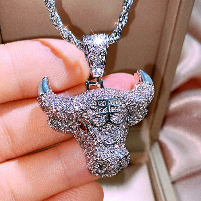Silver Tone Pave Bull Head Pendant Necklace with Red Eyes